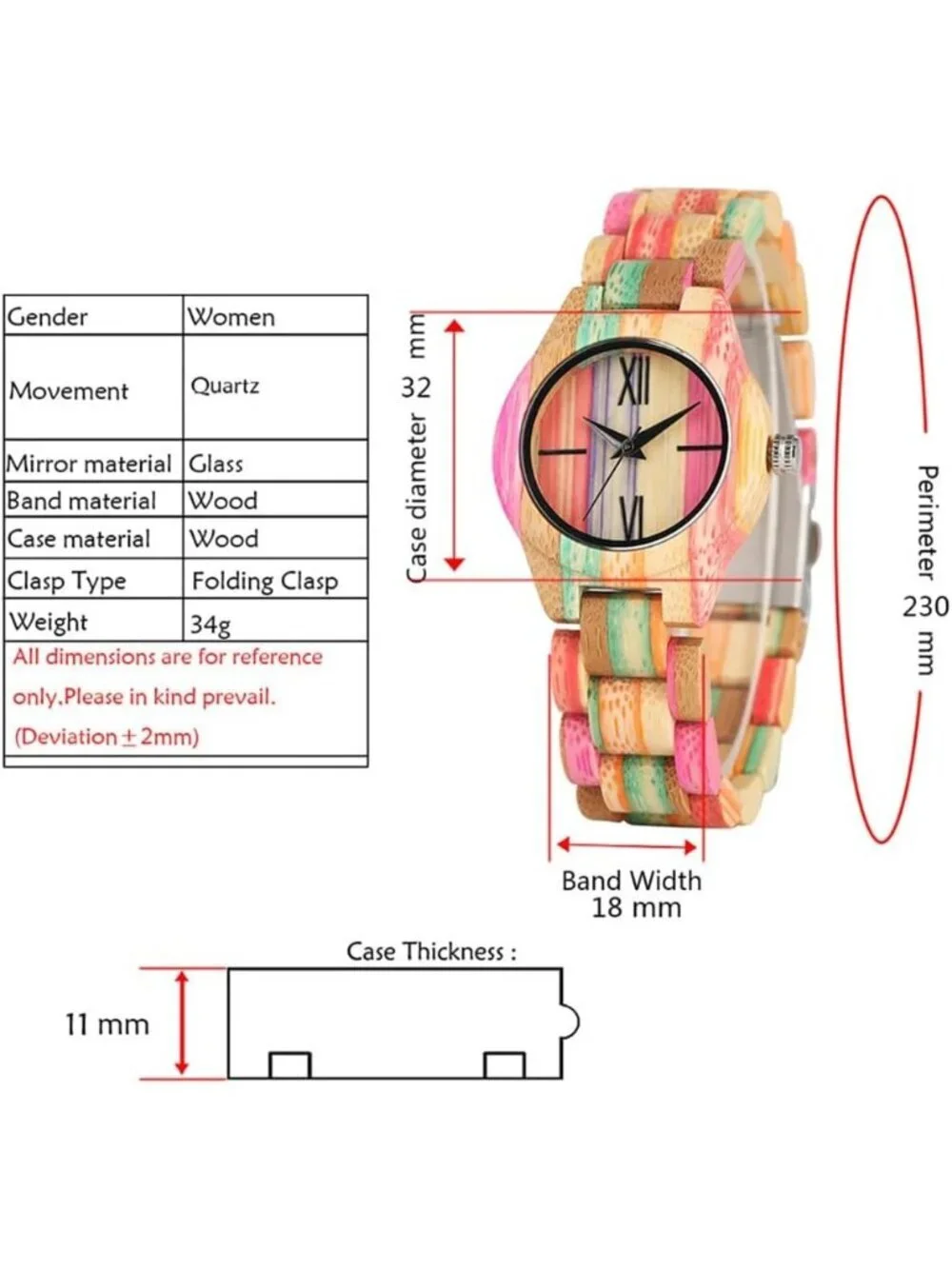 Women's Multi Colorful Analog Quartz Skeletonized Bamboo Classic Wooden Watch